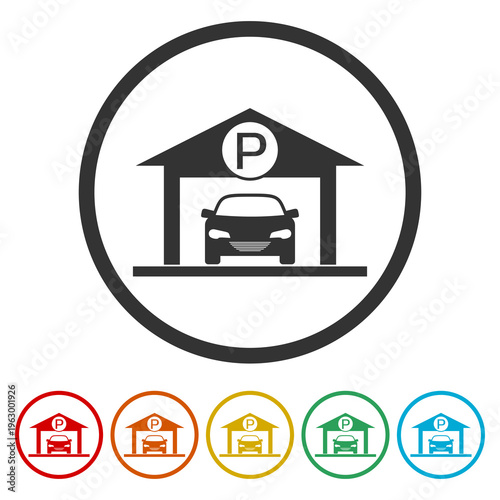  Public car parking icon. Set icons in color circle buttons