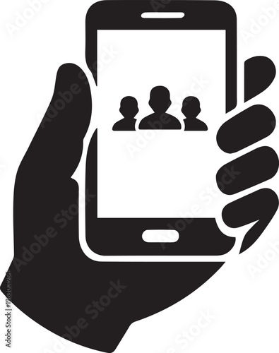 a hand holding a smartphone displaying three generic profile icons representing a social media group or video call participants Vector