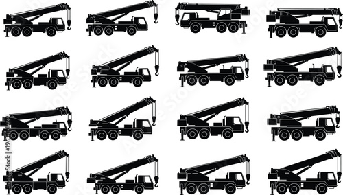 Crane truck icon set, construction vehicles with lifting boom and hook, heavy equipment transport, industrial machinery, engineering work trucks, black silhouette vector illustration collection