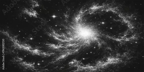 Abstract the infinite wonders of the cosmos captured, a mesmerizing spiral galaxy ablaze with celestial radiance, surrounded by a tapestry of shimmering stars in an monochrome.