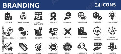 Branding 24 icon set. Containing marketing, product, brand value, design, logo, brand development, social media, advertising and loyal customers icons