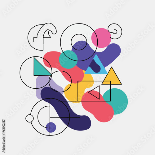 Abstract composition of geometric shapes with various colors, lines, and forms