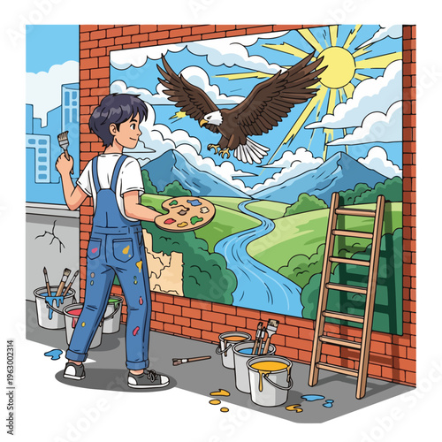 A young artist paints a mural of an eagle soaring over a landscape