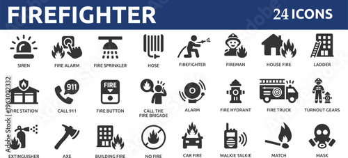 Firefighter 24 icon set. Containing fireman, fire truck, hose, fire station, house fire, siren and fire hydrant. Solid firefighting