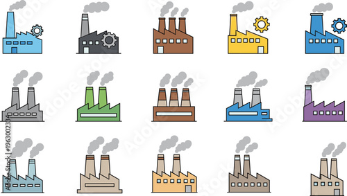 factory icons set, industrial plants with chimneys smoke, manufacturing buildings, production facilities, heavy industry concept, colorful vector illustration collection design pack