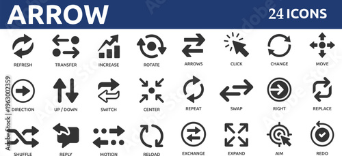 Arrow 24 icon set. Containing cursor arrow, change, transfer, switch, swap, exchange, up, down and refresh