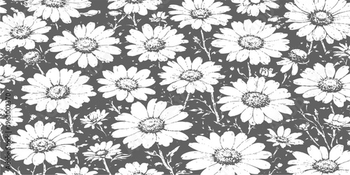 Abstract a field of daisies in a monochrome artful composition that evokes a sense of tranquility, nature's intricate beauty, and timeless appeal.