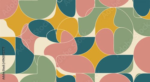 Abstract geometric pattern in muted tones of pink, yellow, teal, and green
