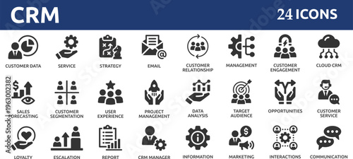 Customer relationship management CRM 24 icon set. Containing marketing, data, report, strategy, manager, audience and more.