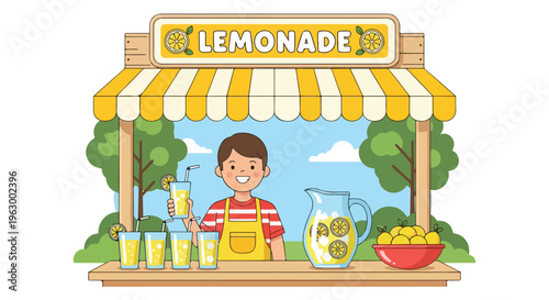 A young boy runs a lemonade stand with lemons, trees, and sky