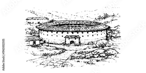 Abstract a traditional Hakka tulou, a communal dwelling of historical and cultural significance, stands in a serene rural setting, evoking a sense of heritage and architectural beauty.