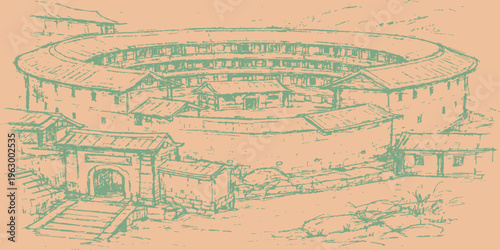 Abstract an architectural marvel, the tulou, a traditional communal residence of the Hakka people in southeastern china, in a minimalist style. evoking the feeling of cultural richness, history.