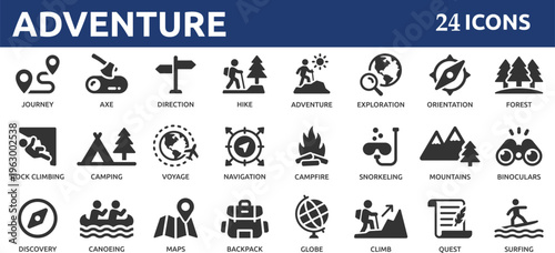 Adventure 24 icon set. Containing hike, campfire, snorkeling, climbing, travel and canoeing icons. Outdoor activity concept.