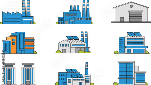 industrial building icons set, factory warehouse office solar energy plants, manufacturing facilities, urban architecture, business structures, sustainable design, vector illustration collection pack