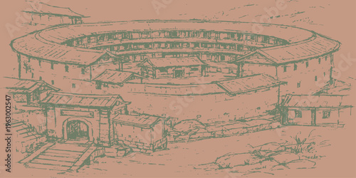 Abstract a magnificent Hakka tulou, a traditional communal living structure, standing as a testament to cultural heritage and architectural ingenuity. captured the charm and history.