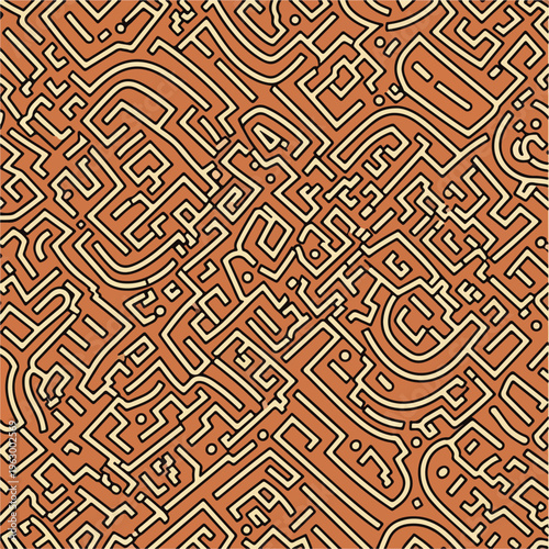 Abstract maze-like pattern in beige and black lines on a brown background