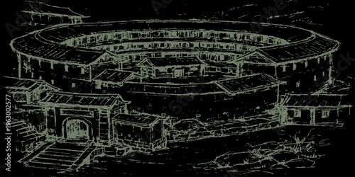 Abstract architectural detail, a stunning overhead shot, showcases the beauty of the traditional earthen structure with an aesthetic artistic design. 