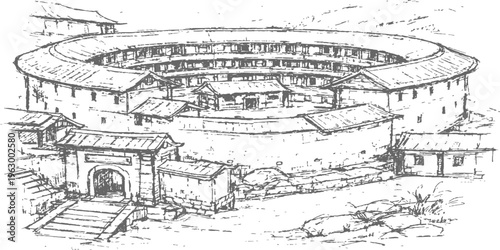 A meticulous pen-and-ink drawing unveils a traditional architectural marvel, showcasing a circular earthen structure with tiers of dwelling units.