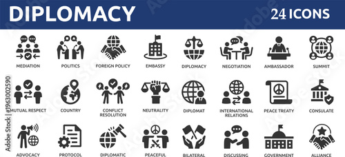 Diplomacy 24 icon set. Containing ambassador, negotiation, embassy, diplomat, neutrality, foreign policy, consulate, international relations and peace treaty.