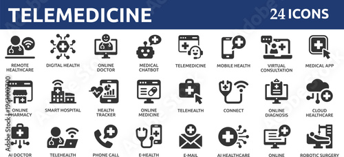 Telemedicine 24 icon set. Containing telehealth, virtual consultation, online doctor, remote healthcare, medical app, smart hospital and more.