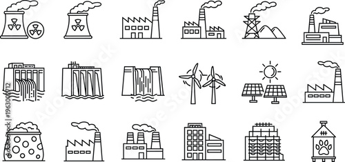 Industrial energy icons set, factory power plant nuclear wind solar hydro electricity production line vector illustration, engineering symbols, environmental energy collection isolated