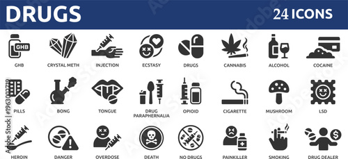 Drugs 24 icon set. Containing pills, alcohol, cannabis, cocaine, GHB, drug dealer, LSD, ecstasy and more.