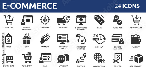 E-commerce 24 icon set. Online shopping and delivery elements. E-business symbol.
