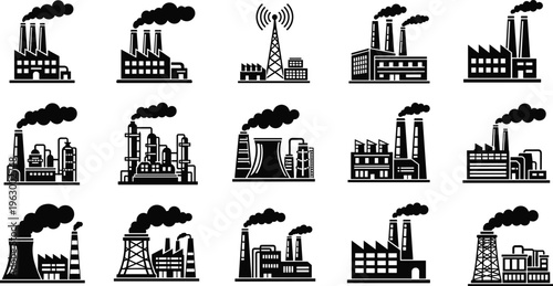 Industrial factory and communication tower icon set, manufacturing plants with smoke chimneys, energy facilities, pollution concept, heavy industry infrastructure, black silhouette vector 