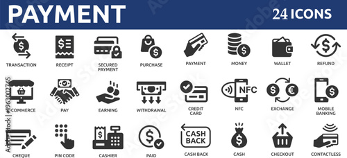 Payment 24 icon set. Business and finance payment collection with money, banking, credit card, exchange, cash and transaction