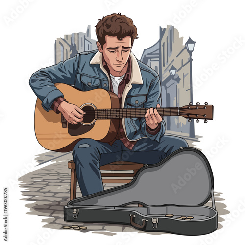 A young man sitting and playing acoustic guitar in a city street