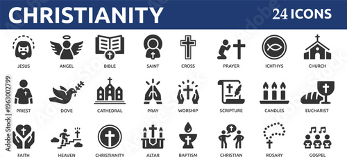 Christianity 24 icon set. Containing cross, church, bible, priest, prayer, Christian, baptism, Jesus and more.
