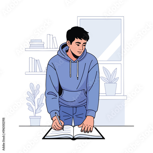 A young person writes in a notebook with a pen at a desk