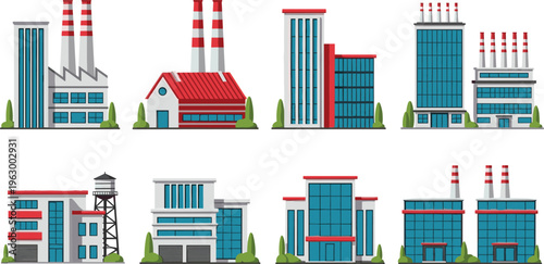 Industrial factory buildings set, modern plant architecture with chimneys, warehouses, offices vector illustration, manufacturing facilities collection, urban industry infrastructure 