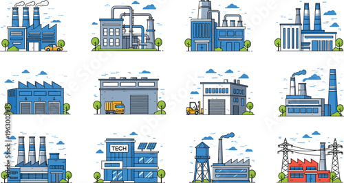 Industrial factory buildings collection, modern manufacturing plants, warehouses, power facilities, technology industry, urban infrastructure, production environment, flat design vector