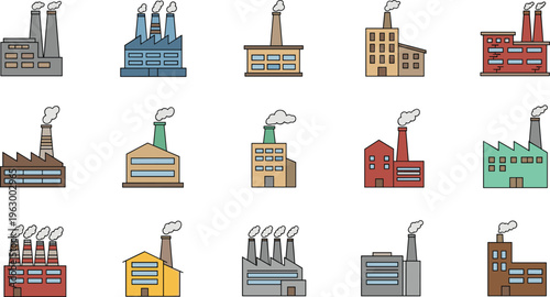 Industrial factory icon set, colorful manufacturing buildings with chimneys, smoke pollution, industry plants collection, production facilities, urban factories illustration, flat design vector icons