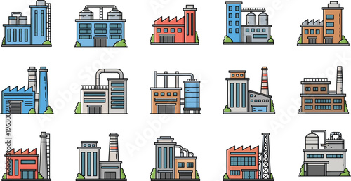 Industrial factory icons collection, modern manufacturing plants, warehouses, chimneys, processing facilities vector illustration, industry buildings set, production infrastructure 