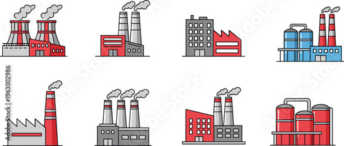 industrial factory icons set, power plants and manufacturing facilities, smoke chimneys, energy production buildings, heavy industry concept, red gray vector illustration collection