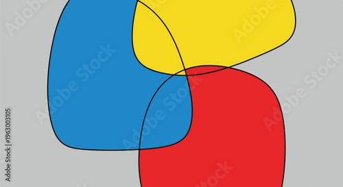 Abstract art comprised of overlapping shapes in primary colors