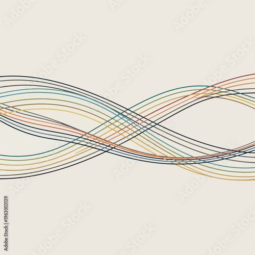 Abstract of colorful intersecting wavy lines against a light beige background