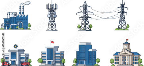Infrastructure and public service icon set, power lines, communication towers, factory, government buildings, city hall, emergency services, urban facilities, flat vector illustration collection