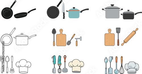 Kitchen utensils and cookware icon set, cooking tools collection, pots, pans, knives, chef hat, baking tools, kitchen equipment illustration, flat vector household cooking icons