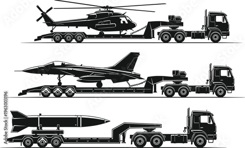 Military transport trucks carrying helicopter, fighter jet and missile, heavy cargo logistics vehicles, defense transportation concept, army equipment delivery, black silhouette vector 