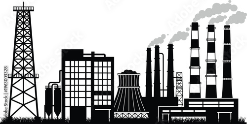 Oil refinery and industrial factory skyline silhouette, petrochemical plant with smokestacks, energy production, pollution concept, heavy industry infrastructure, black vector illustration landscape 