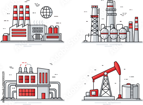 oil refinery and factory icons set, industrial petrochemical plants, fuel production facilities, drilling pumpjack, energy industry concept, red gray vector illustration collection design