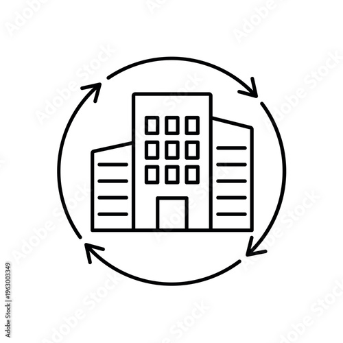icon an urban renewal with circular arrows around corporate buildings, isolated against a clean background.