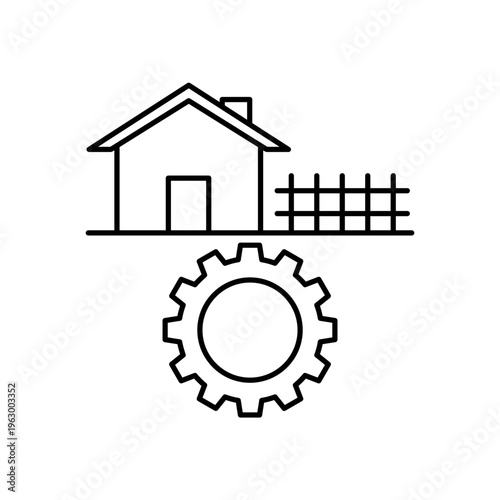icon a rural revitalization with a house farm and mechanical gear, isolated against a clean background.