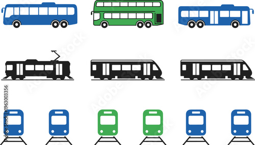 public transport icons set, city buses and trains, metro rail vehicles, urban transit system, passenger transportation, modern mobility, colorful vector illustration collection design