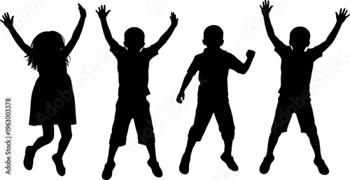 Children Silhouette Icon Set Featuring Joyful Kids Jumping And Celebrating With Raised Hands Playful Illustration Collection