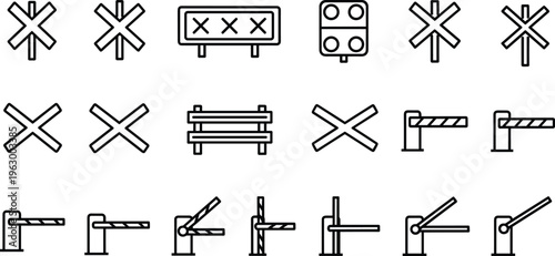 railroad crossing icons set, railway barrier symbols, train signal signs, safety crossing gate, warning lights, track signage, transport icon collection, line vector illustration design