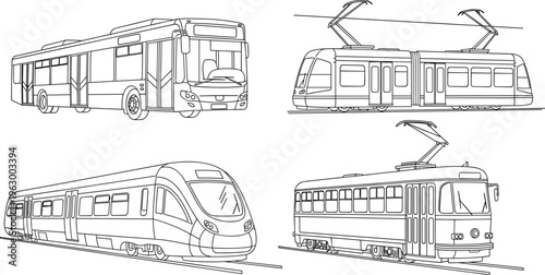public transport line icons set, bus tram train trolleybus vehicles, urban transit system, railway transport, city mobility, transportation outline vector illustration collection